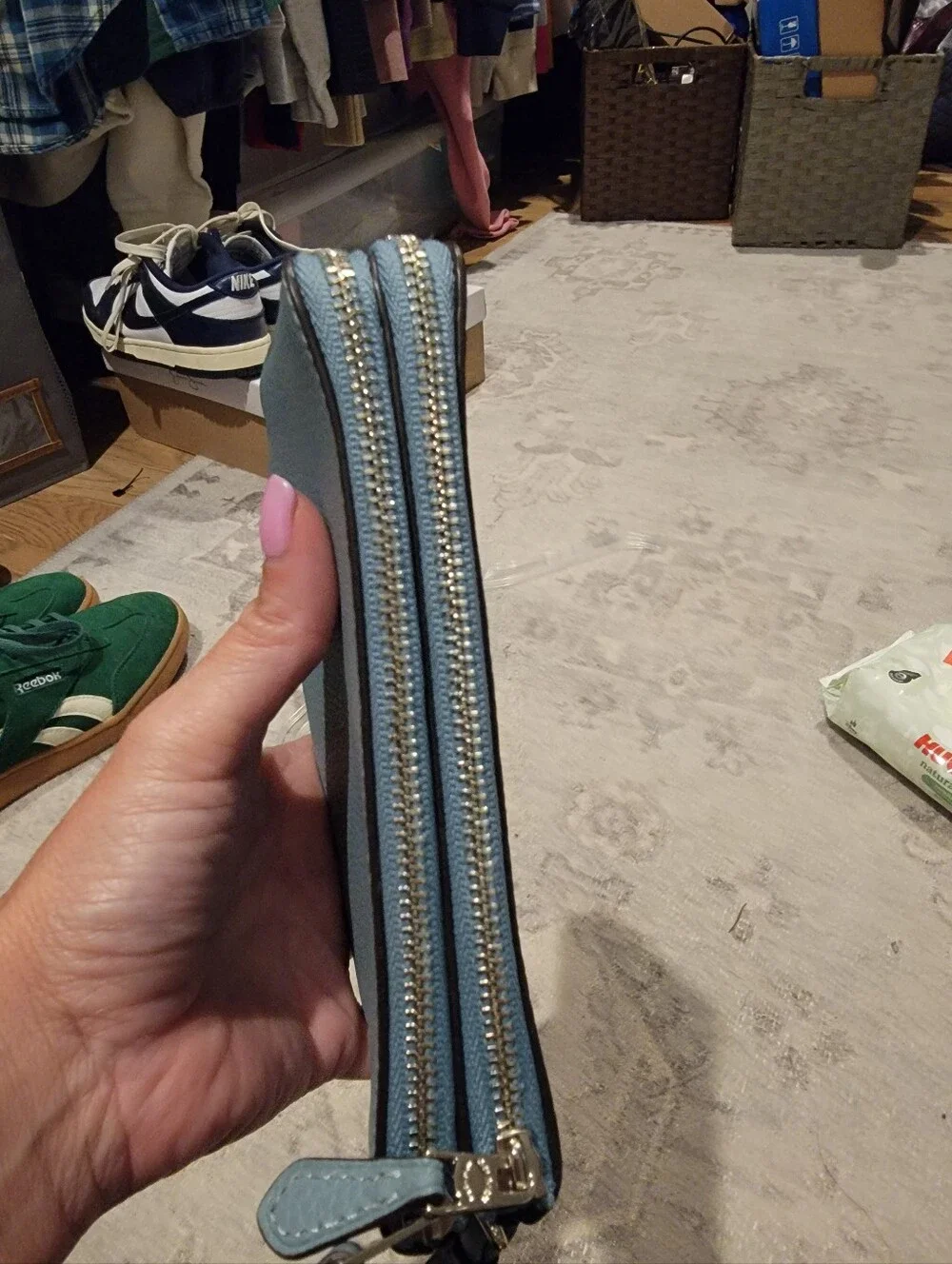 Coach Dusty Blue Pebbled Leather Double Corner Zip Wristlet Card Holder